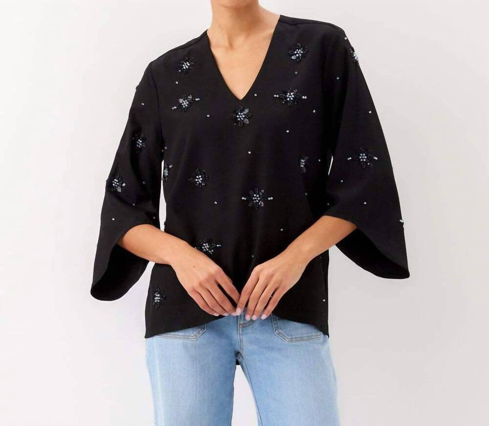 NEW KAREN KANE bracelet sleeve embellished asymmetric top in black